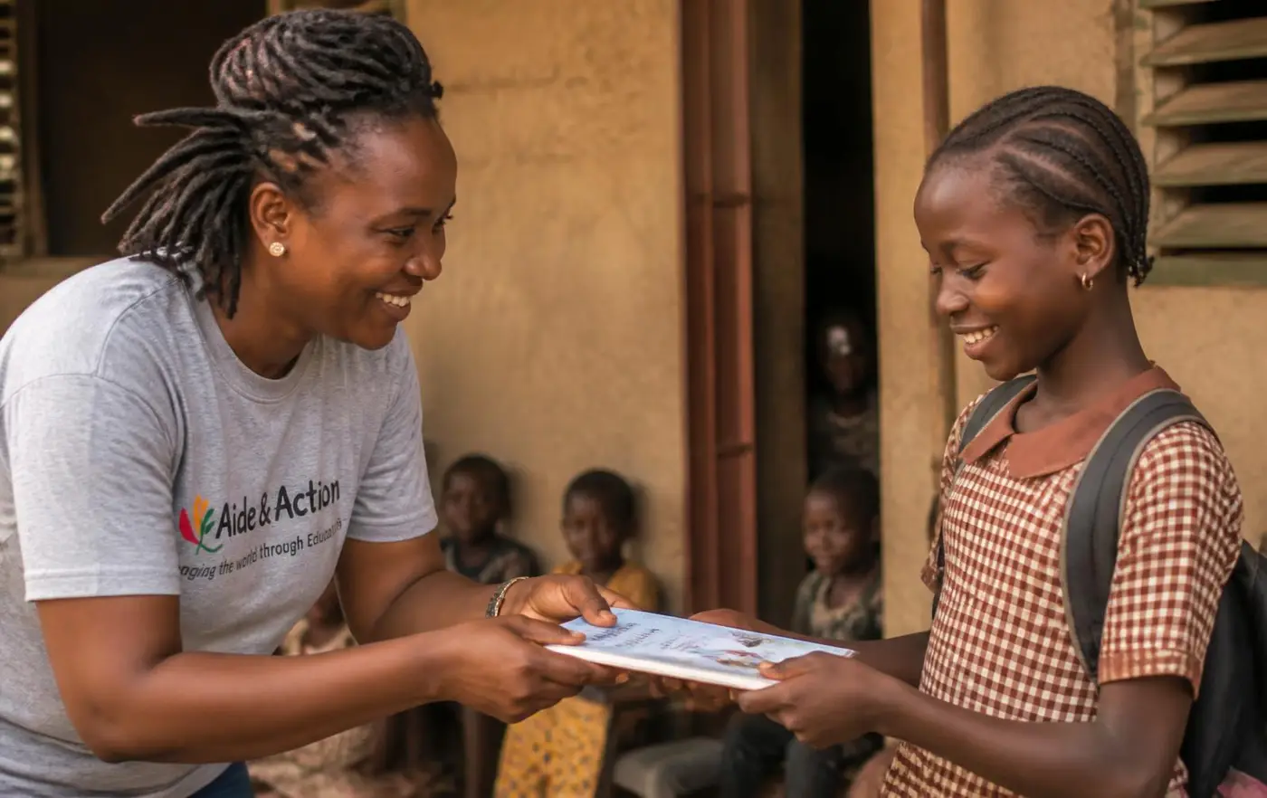 A community volunteer hands a schoolbook to a young girl outside a classroom